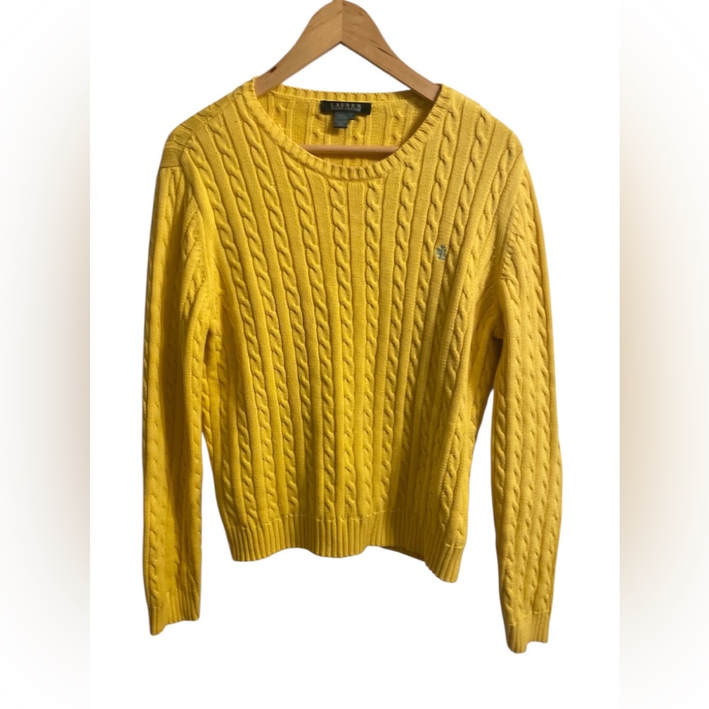 Lauren Ralph Lauren Sunlit CableKnit Sweater SZ L Pulliver Teal Logo crew neck